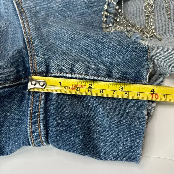Good American Bombshell Rhinestone Fringe Cutoff Jean Shorts Blue Women 16 NWT - Picture 12 of 12